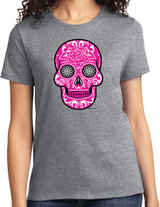 Ladies Halloween T-shirt Pink Sugar Skull Tee - Yoga Clothing for You