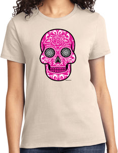 Ladies Halloween T-shirt Pink Sugar Skull Tee - Yoga Clothing for You