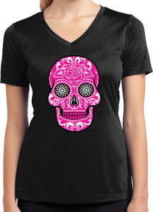 Ladies Halloween T-shirt Pink Sugar Skull Dry Wicking V-Neck - Yoga Clothing for You