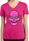 Ladies Halloween T-shirt Pink Sugar Skull Dry Wicking V-Neck - Yoga Clothing for You