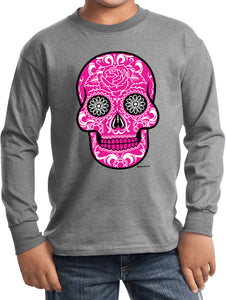 Kids Halloween T-shirt Pink Sugar Skull Youth Long Sleeve - Yoga Clothing for You