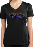 Ford Oval Distressed Logo Ladies Moisture Wicking V-Neck Shirt - Yoga Clothing for You