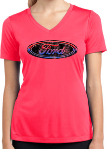 Ford Oval Distressed Logo Ladies Moisture Wicking V-Neck Shirt - Yoga Clothing for You