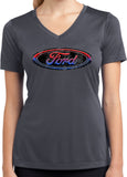 Ford Oval Distressed Logo Ladies Moisture Wicking V-Neck Shirt - Yoga Clothing for You