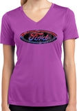 Ford Oval Distressed Logo Ladies Moisture Wicking V-Neck Shirt - Yoga Clothing for You