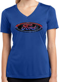 Ford Oval Distressed Logo Ladies Moisture Wicking V-Neck Shirt - Yoga Clothing for You