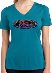 Ford Oval Distressed Logo Ladies Moisture Wicking V-Neck Shirt - Yoga Clothing for You