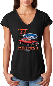 Ladies Ford T-shirt 1977 Mustang Triblend V-Neck - Yoga Clothing for You