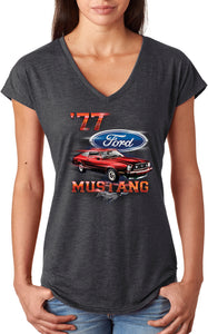 Ladies Ford T-shirt 1977 Mustang Triblend V-Neck - Yoga Clothing for You