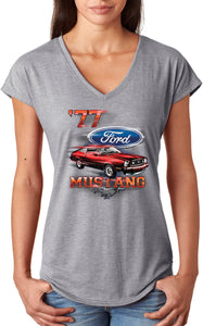 Ladies Ford T-shirt 1977 Mustang Triblend V-Neck - Yoga Clothing for You