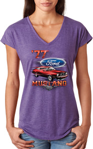 Ladies Ford T-shirt 1977 Mustang Triblend V-Neck - Yoga Clothing for You