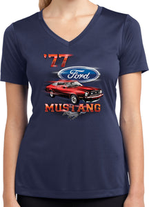 Ladies Ford T-shirt 1977 Mustang Moisture Wicking V-Neck - Yoga Clothing for You