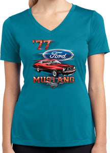 Ladies Ford T-shirt 1977 Mustang Moisture Wicking V-Neck - Yoga Clothing for You