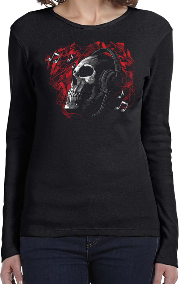 Skull T-shirt Headphones Ladies Long Sleeve - Yoga Clothing for You