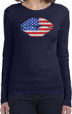 Ladies USA T-shirt Patriotic Lips Long Sleeve - Yoga Clothing for You