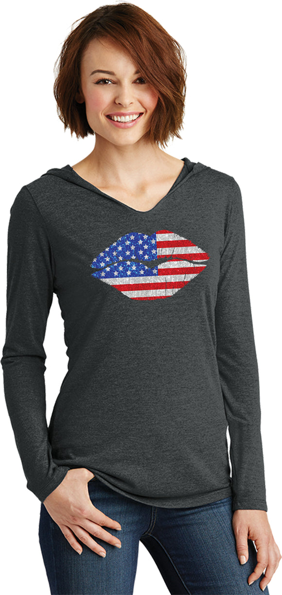 Ladies USA T-shirt Patriotic Lips Tri Blend Hoodie - Yoga Clothing for You