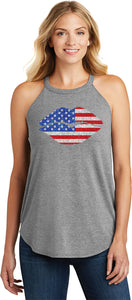 Ladies USA Tank Top Patriotic Lips Tri Rocker Tanktop - Yoga Clothing for You