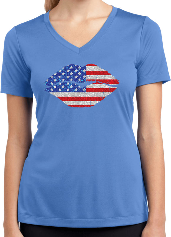 Ladies USA T-shirt Patriotic Lips Moisture Wicking V-Neck - Yoga Clothing for You