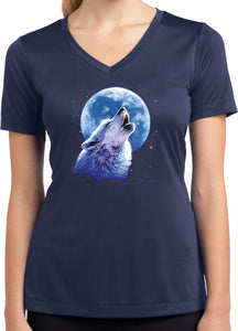 Ladies Wolf and Moon T-shirt Call of the Wild Dry Wicking V-Neck - Yoga Clothing for You