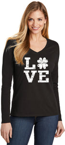 St Patricks Day Distressed Love Shamrock Ladies V-neck Long Sleeve Shirt - Yoga Clothing for You