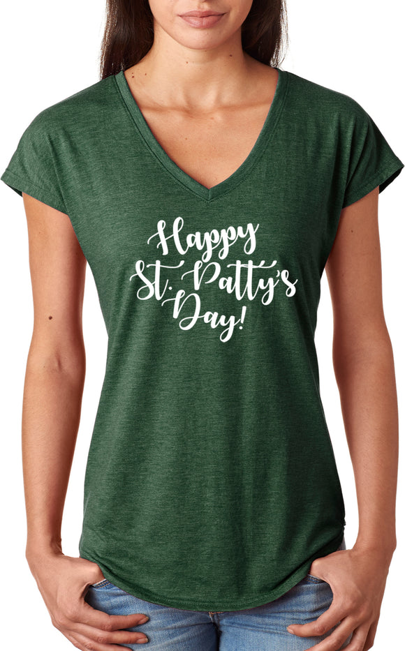 St Patricks Day Happy St Pattys Day Ladies Tri Blend V-neck Shirt - Yoga Clothing for You