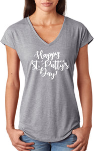 St Patricks Day Happy St Pattys Day Ladies Tri Blend V-neck Shirt - Yoga Clothing for You