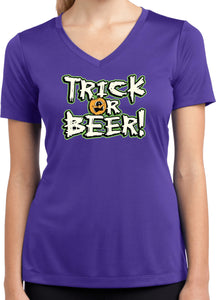 Ladies Halloween T-shirt Trick or Beer Moisture Wicking V-Neck - Yoga Clothing for You