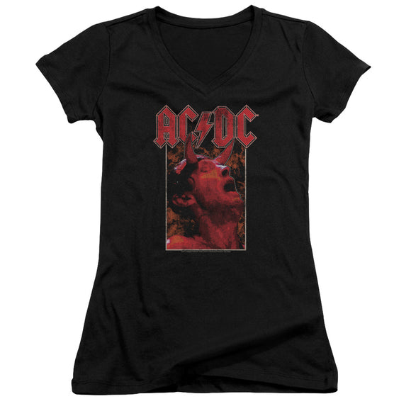 AC/DC Distressed Angus Young Devil Horns Photo Juniors V-neck Shirt - Yoga Clothing for You