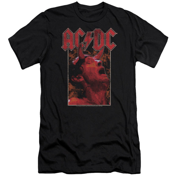 AC/DC Distressed Angus Young Devil Horns Photo Black Slim Fit T-shirt - Yoga Clothing for You
