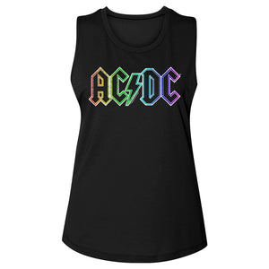 AC/DC Vintage Rainbow Lightning Bolt Logo Ladies Sleeveless Muscle Black Tank Top - Yoga Clothing for You