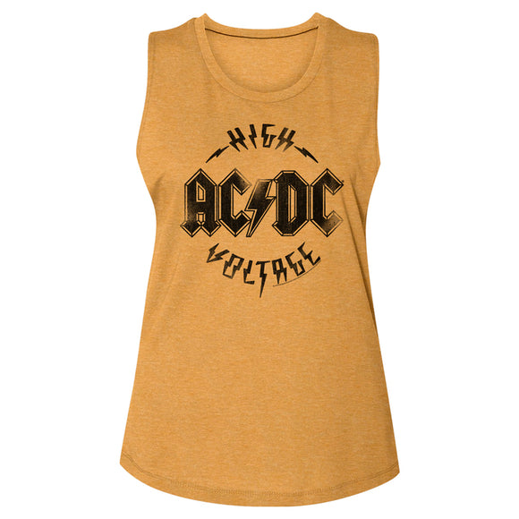 AC/DC Vintage High Voltage Logo Ladies Sleeveless Muscle Gold Tank Top - Yoga Clothing for You