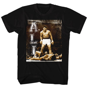 Muhammad Ali Tall T-Shirt Distressed Over Liston In Ring Black Tee - Yoga Clothing for You