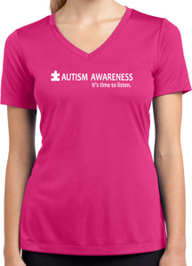 Autism Awareness Time to Listen Ladies Dry Wicking V-neck - Yoga Clothing for You