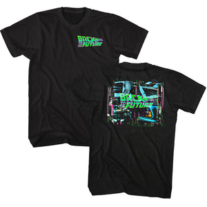 Back to the Future Neon DeLoean Engine Black T-shirt Front and Back - Yoga Clothing for You