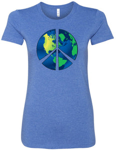 Ladies Peace Sign T-shirt Blue Earth Longer Length Tee - Yoga Clothing for You