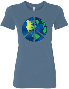 Ladies Peace Sign T-shirt Blue Earth Longer Length Tee - Yoga Clothing for You