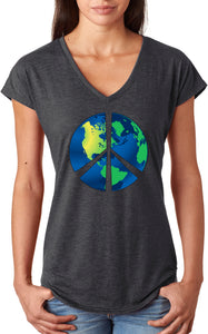 Ladies Peace Sign T-shirt Blue Earth Triblend V-Neck - Yoga Clothing for You