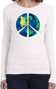 Ladies Peace Sign T-shirt Blue Earth Long Sleeve - Yoga Clothing for You