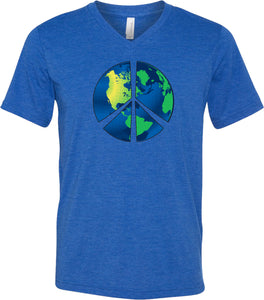 Peace Sign T-shirt Blue Earth Tri Blend V-Neck - Yoga Clothing for You