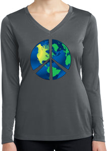 Ladies Peace Sign T-shirt Blue Earth Dry Wicking Long Sleeve - Yoga Clothing for You