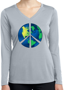 Ladies Peace Sign T-shirt Blue Earth Dry Wicking Long Sleeve - Yoga Clothing for You