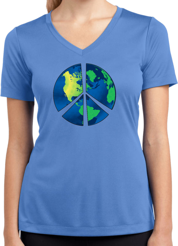 Ladies Peace Sign T-shirt Blue Earth Moisture Wicking V-Neck - Yoga Clothing for You