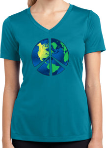 Ladies Peace Sign T-shirt Blue Earth Moisture Wicking V-Neck - Yoga Clothing for You