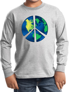 Kids Peace Sign T-shirt Blue Earth Youth Long Sleeve - Yoga Clothing for You