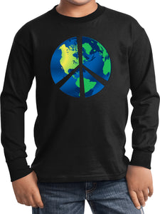 Kids Peace Sign T-shirt Blue Earth Youth Long Sleeve - Yoga Clothing for You