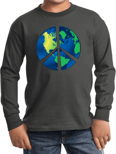 Kids Peace Sign T-shirt Blue Earth Youth Long Sleeve - Yoga Clothing for You