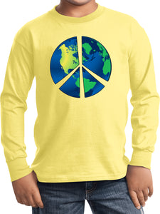 Kids Peace Sign T-shirt Blue Earth Youth Long Sleeve - Yoga Clothing for You