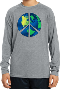 Kids Peace Sign T-shirt Blue Earth Youth Dry Wicking Long Sleeve - Yoga Clothing for You