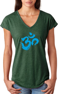 Aqua Brushstroke AUM Triblend V-neck Yoga Tee Shirt - Yoga Clothing for You