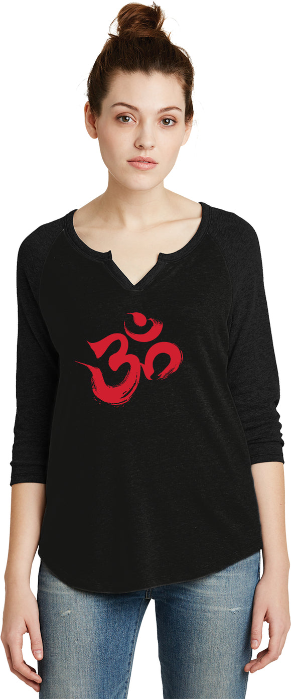 Red Brushstroke AUM 3/4 Sleeve Vintage Yoga Tee Shirt - Yoga Clothing for You